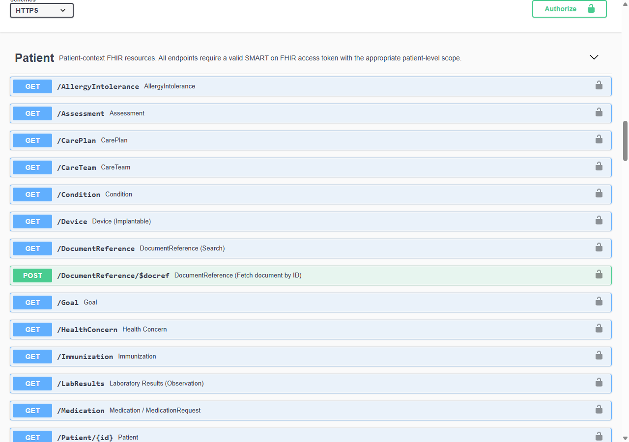 Swagger UI showing the Authorize button at the top of the page