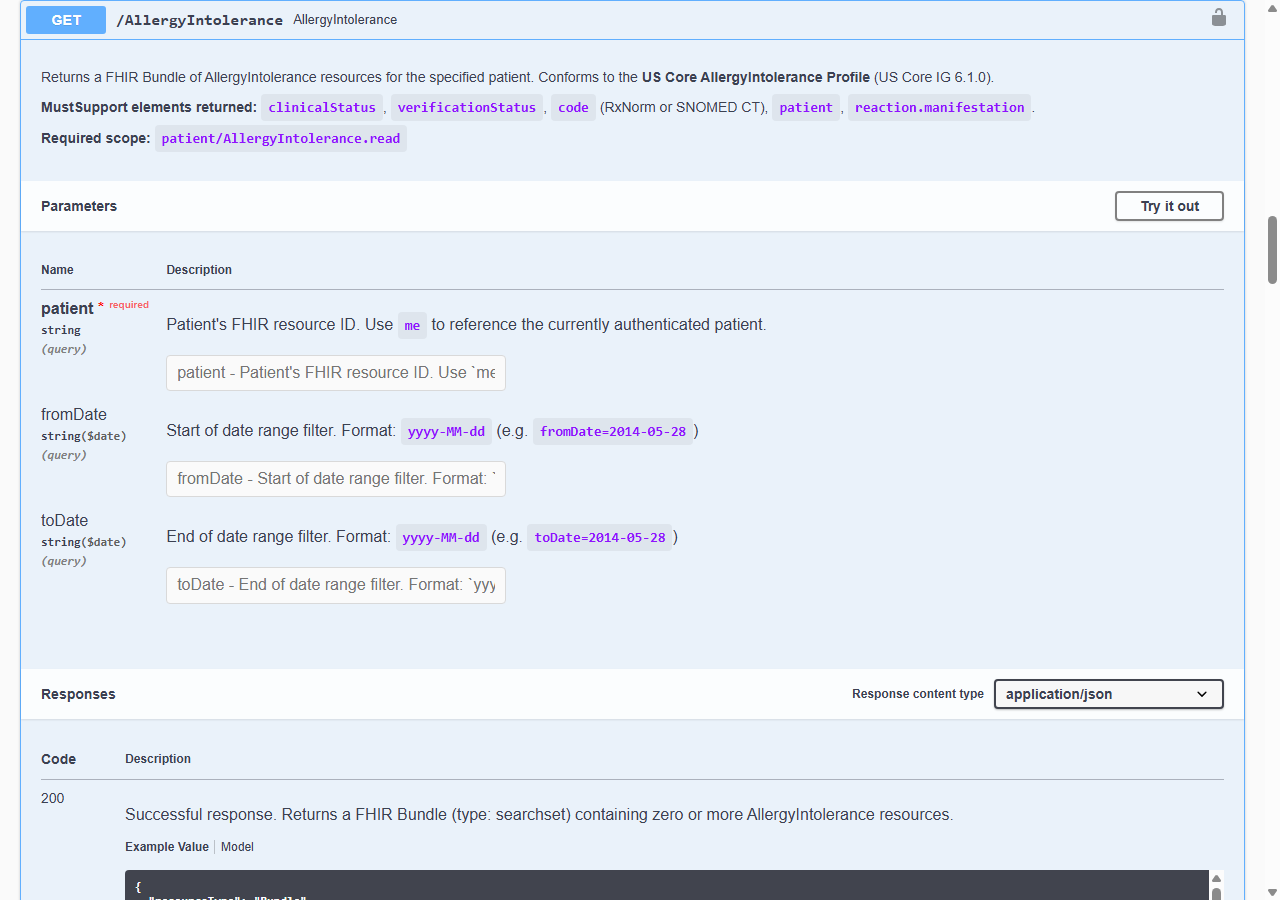 Swagger UI showing available methods and an example response